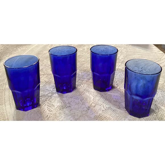 Set of 4 Libbey Crisa Cobalt Blue Glass Tumblers 8 Panels 5.25” - Picture 1 of 9